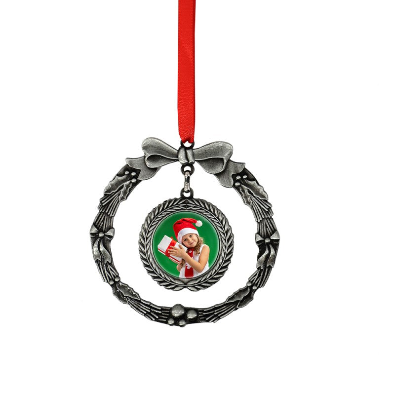 Silver wreath sublimation ornament with a photo insert and red ribbon, Christmas gift blank