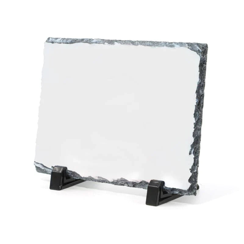Large sublimation blank rock slate for photo printing and laser engraving, on display stand