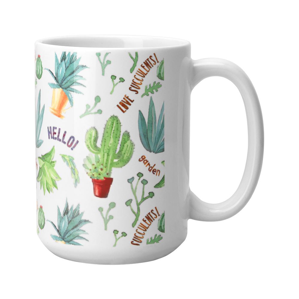 15oz Orca Coated Mug with colorful succulent illustrations, glossy white ceramic finish, ideal for sublimation printing and daily use.