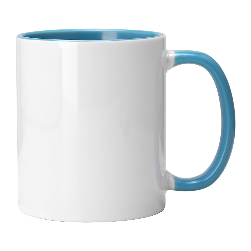 Plain 11oz white sublimation mug with blue coloured inner and handle, ideal for custom printing and personalisation in kitchenware collections.