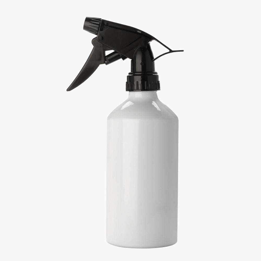 blank aluminum sublimation spray water bottle with black trigger top on white background
