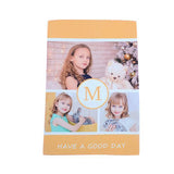 Custom sublimation blank cotton towel with printed photo collage, letter M, and 'Have a good day' text for personalized heat press printing.