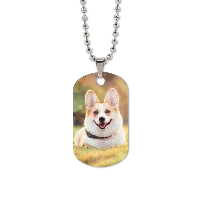 Double-sided printable aluminium ID tag for sublimation with photo of a dog, ball chain attached