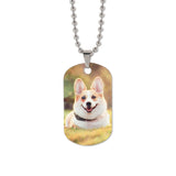 Double-sided printable aluminium ID tag for sublimation with photo of a dog, ball chain attached