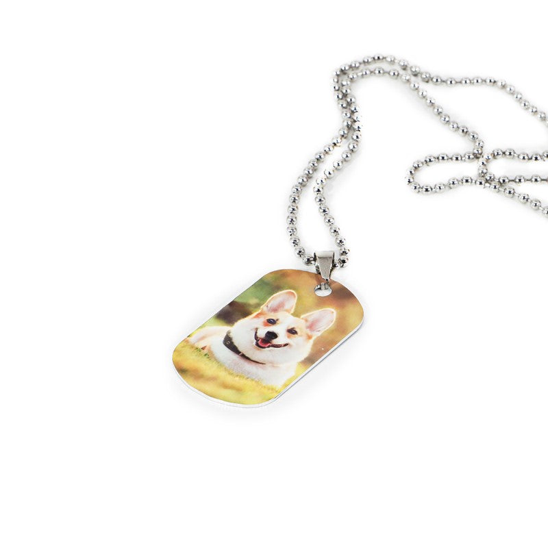 Sublimation blank aluminium ID tag with ball chain and printed dog image, double-sided