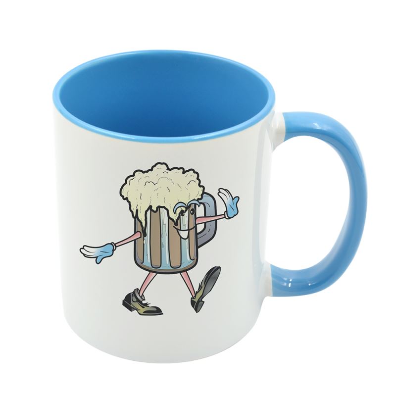 11oz blue Dino coated coloured inner mug with cartoon beer glass print, featuring a vibrant blue handle and inner for sublimation customization.