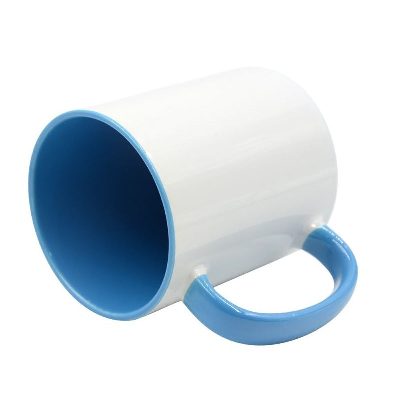 Side view of 11oz blue inner and handle sublimation mug lying down, showcasing the vibrant interior and sturdy US-style handle design.