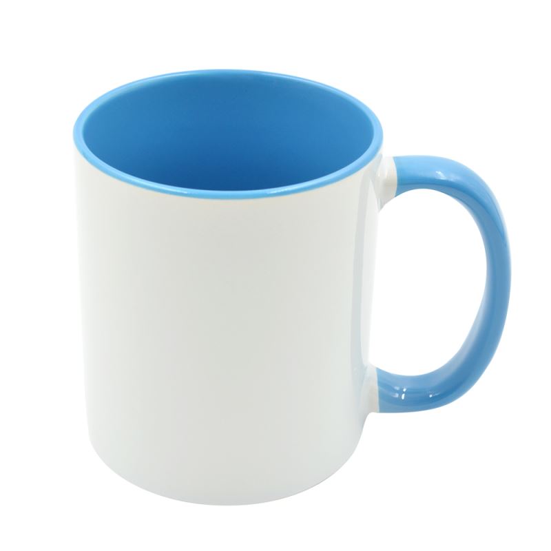 Ceramic 11oz sublimation mug with glossy white exterior and blue inner and handle, perfect for custom drinkware in home and garden use.