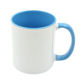 Ceramic 11oz sublimation mug with glossy white exterior and blue inner and handle, perfect for custom drinkware in home and garden use.