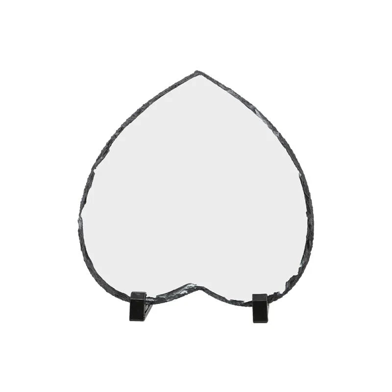 Heart-shaped rock slate blank with rough edges on a stand for sublimation or laser engraving