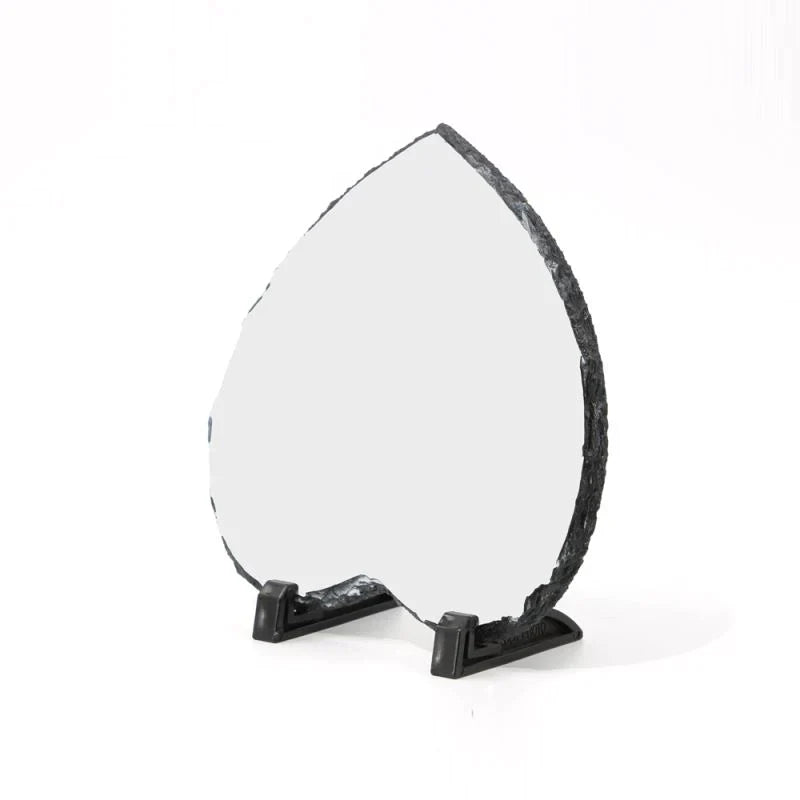 Blank heart-shaped rock slate for sublimation printing and laser engraving, on stand