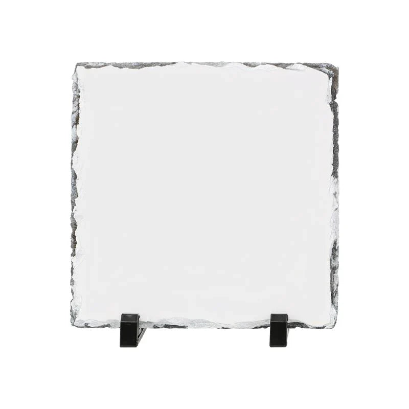 Square sublimation blank slate, white with rough edges, on black display stand