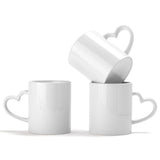 blank white heart handle mugs for sublimation and laser engraving, three arranged together